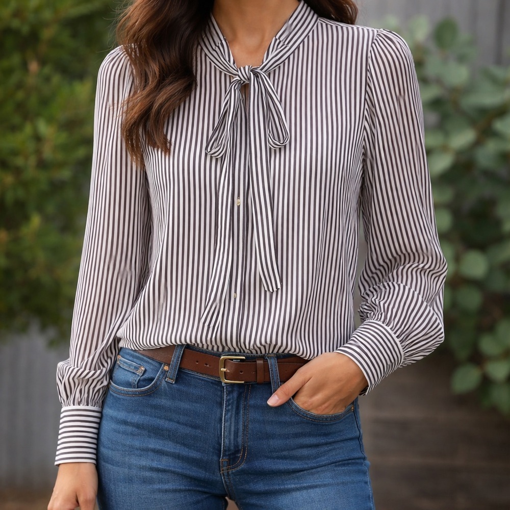 Anthropologie Maeve Tie Neck Red White Stripe Puff Long Sleeve Blouse Size Large